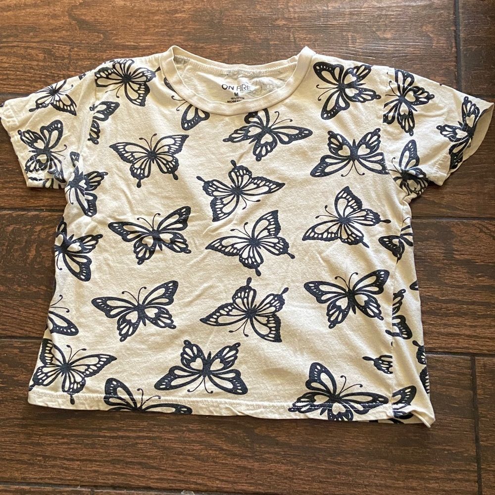 On Fire Tee with Navy Butterfly Print Size M